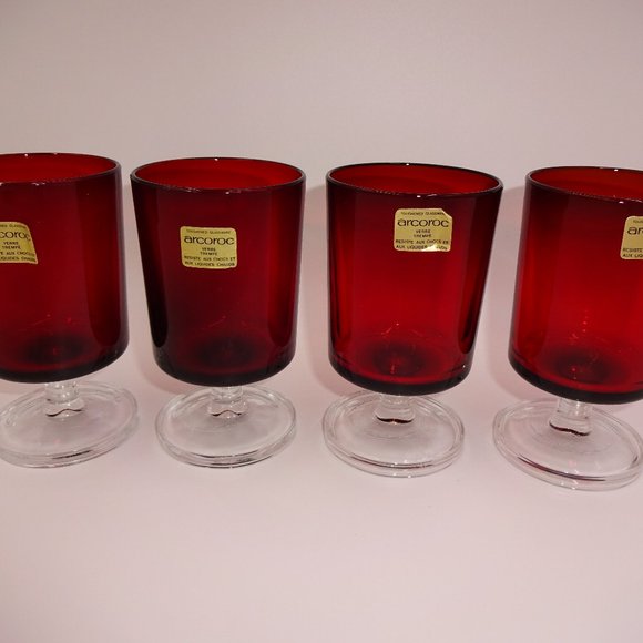Set of 4 Vintage Ruby Red Clear Glass Arcoroc Footed Cordial Glasses 4" France - Picture 1 of 6